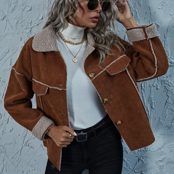 Jackets & Blazers - Corduroy button up teddy lined jacket coat rust